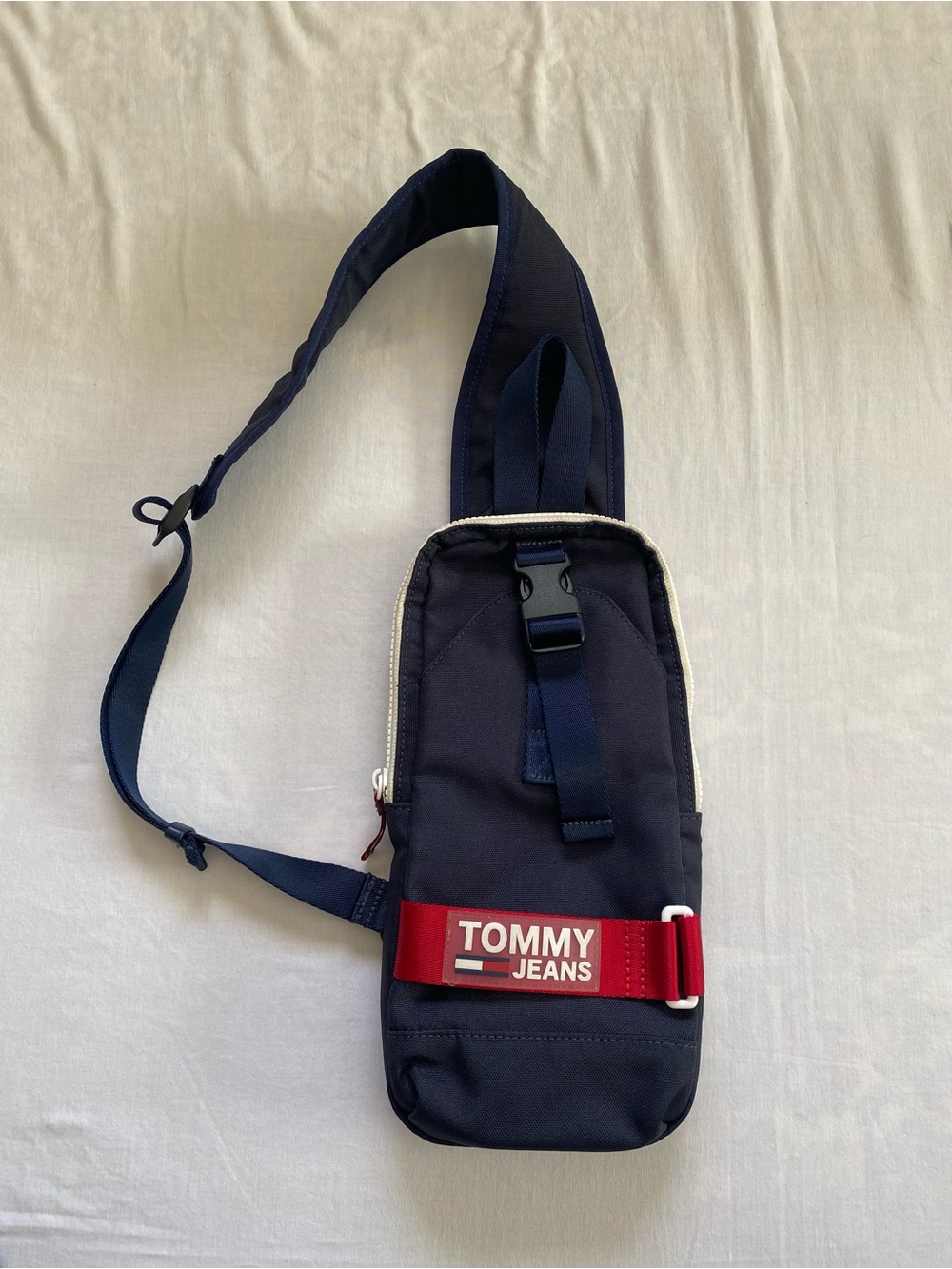 Tommy Hilfiger Navy Sling Belt Bag with Red Logo Strap